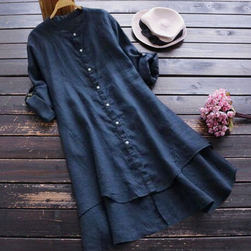 Retro Solid Color Button Long Sleeve Dress