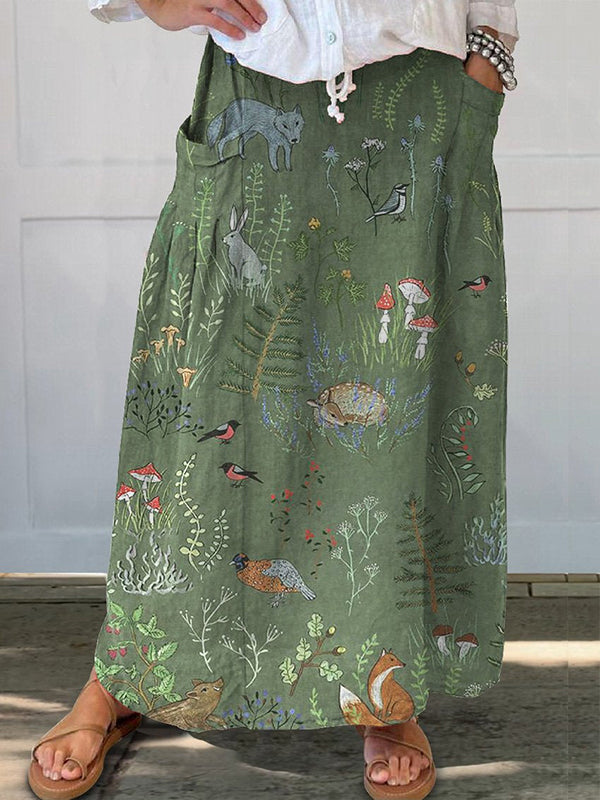 Woodland And Animals Pattern Printed Women's Linen Pocket Top And Dress