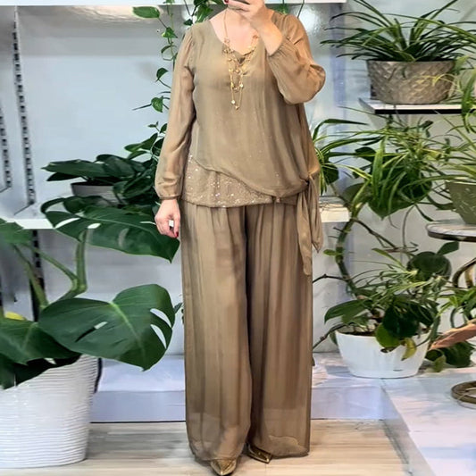 Fashionable Women's 2-piece Sequin Blouse And Wide-leg Pants Set