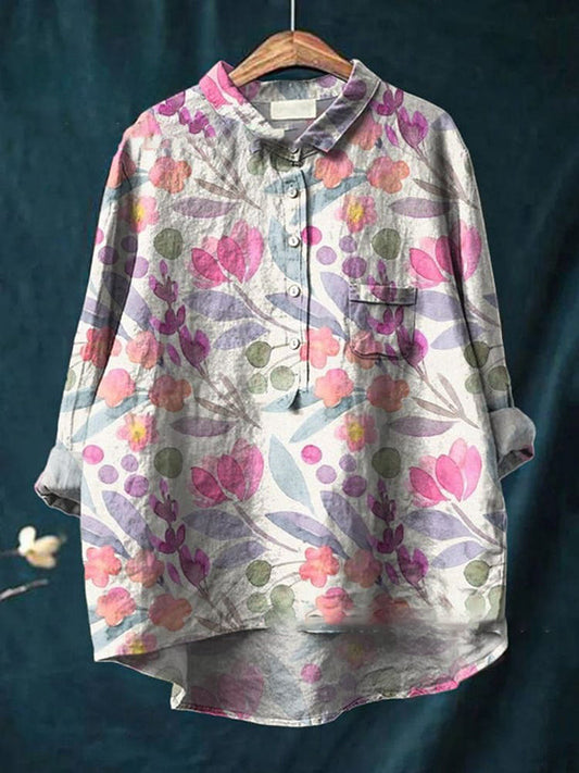 Watercolor Spring Garden Floral Repeat Pattern Printed Women's Casual Linen Cotton Top And Dress