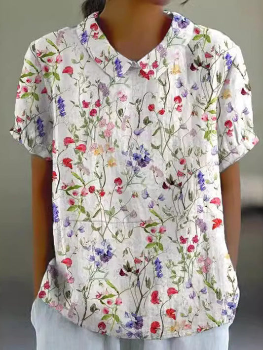 Bright Floral Lapel Women'S Cotton And Linen Top