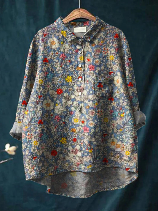 Vintage Exquisite Floral Women's Cotton and Linen Shirt