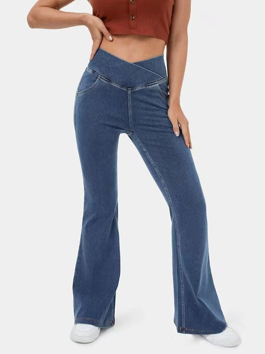 Stretchy Denim High Waisted Crossover Flare Pants