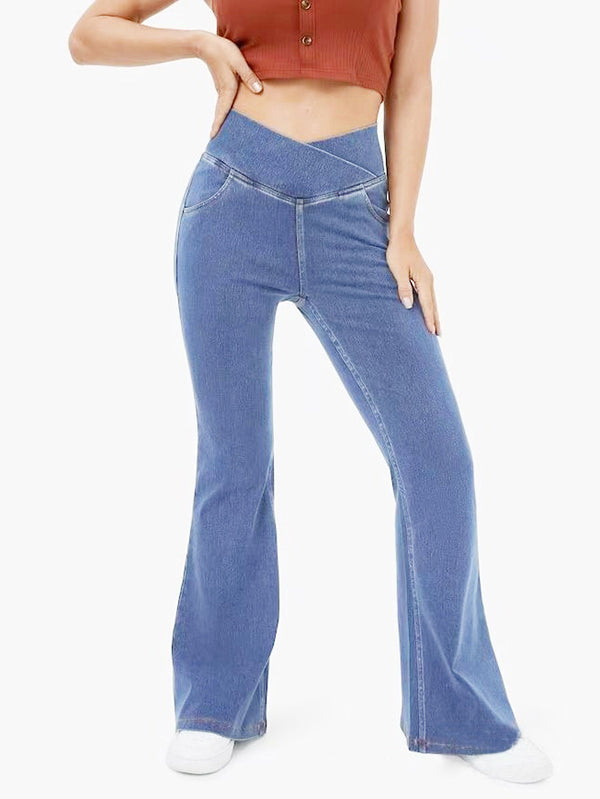 Stretchy Denim High Waisted Crossover Flare Pants
