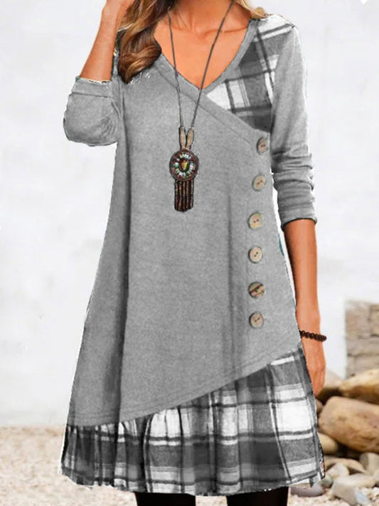 New Style Stitching Decorative Button Plaid Print Dress