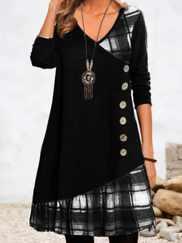 New Style Stitching Decorative Button Plaid Print Dress