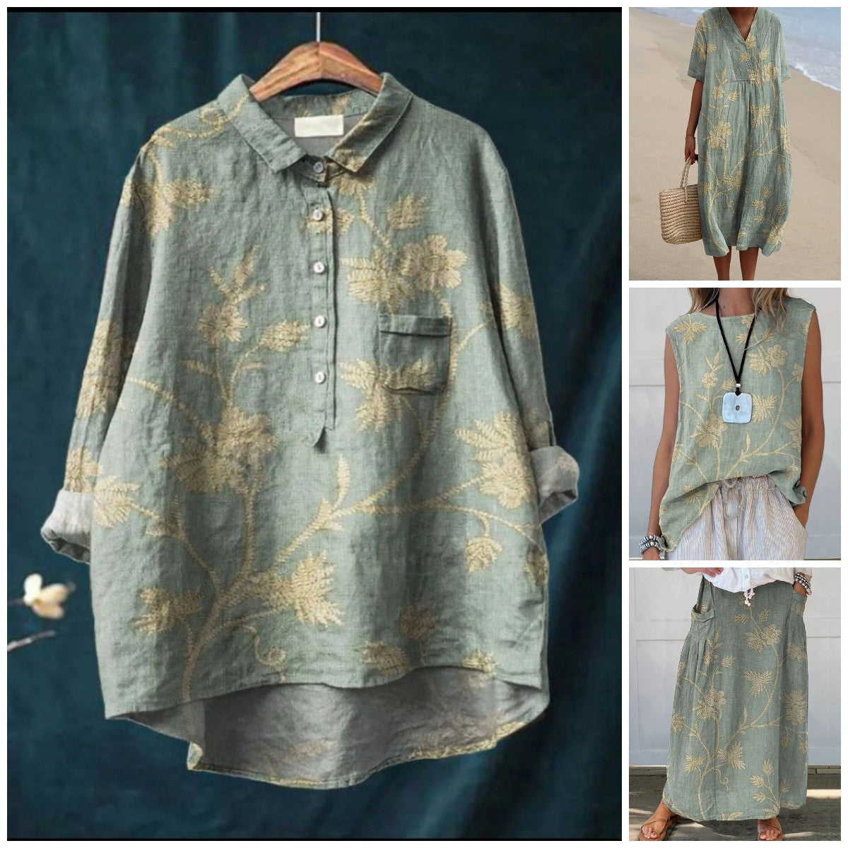 Retro Floral Art Linen Elastic Waistband Pocket Women's Top And Dress