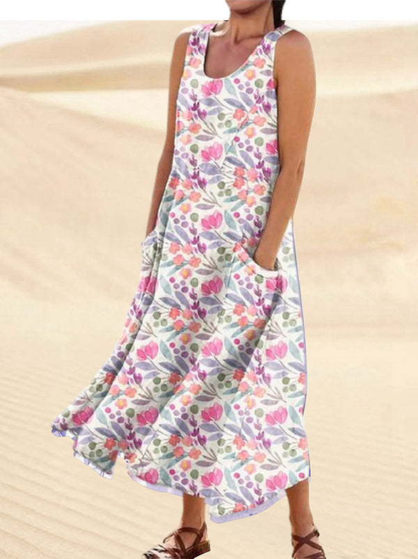 Watercolor Spring Garden Floral Repeat Pattern Printed Women's Casual Linen Cotton Top And Dress