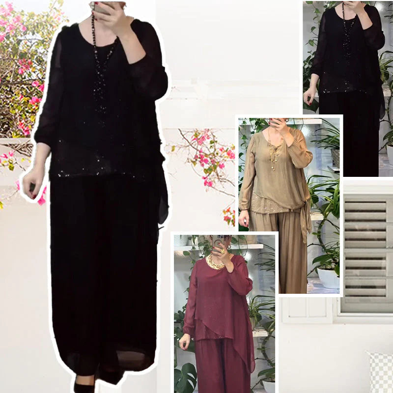 Fashionable Women's 2-piece Sequin Blouse And Wide-leg Pants Set