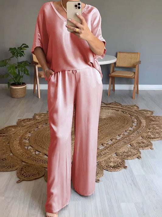 Fashionable Satin V-Neck Casual Ladies Two-Piece Suit
