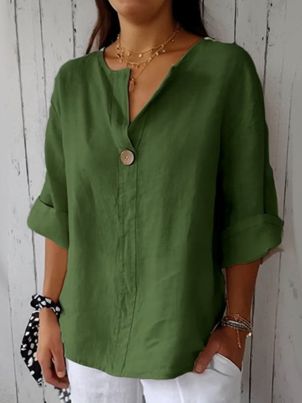 New V-neck Cotton and Linen Button Top