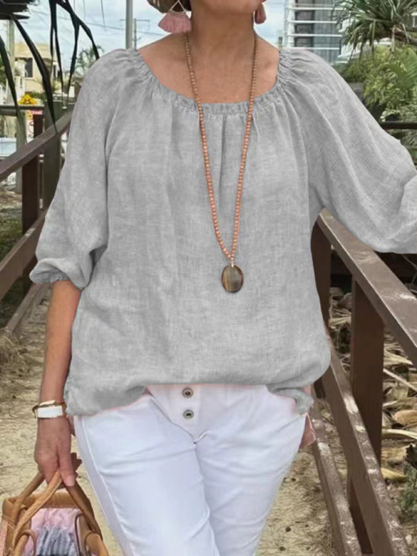 New Solid Color Round Neck Mid-Sleeve Casual Top