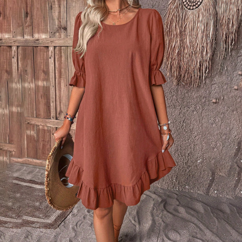 Elegant Round Neck Solid Color Dress