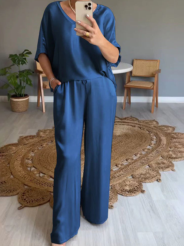 Fashionable Satin V-Neck Casual Ladies Two-Piece Suit