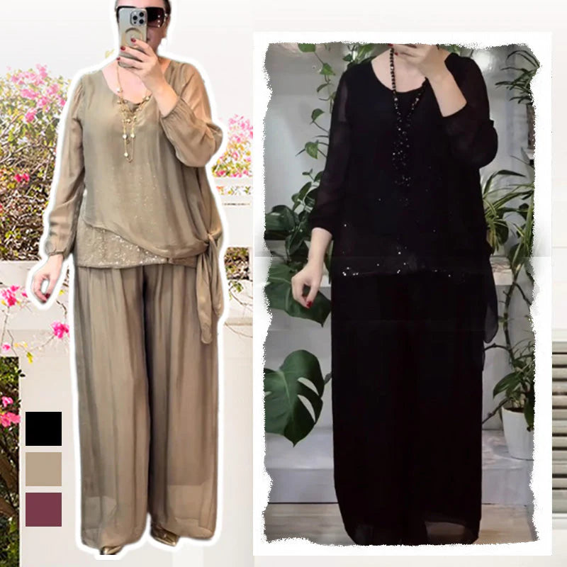 Fashionable Women's 2-piece Sequin Blouse And Wide-leg Pants Set
