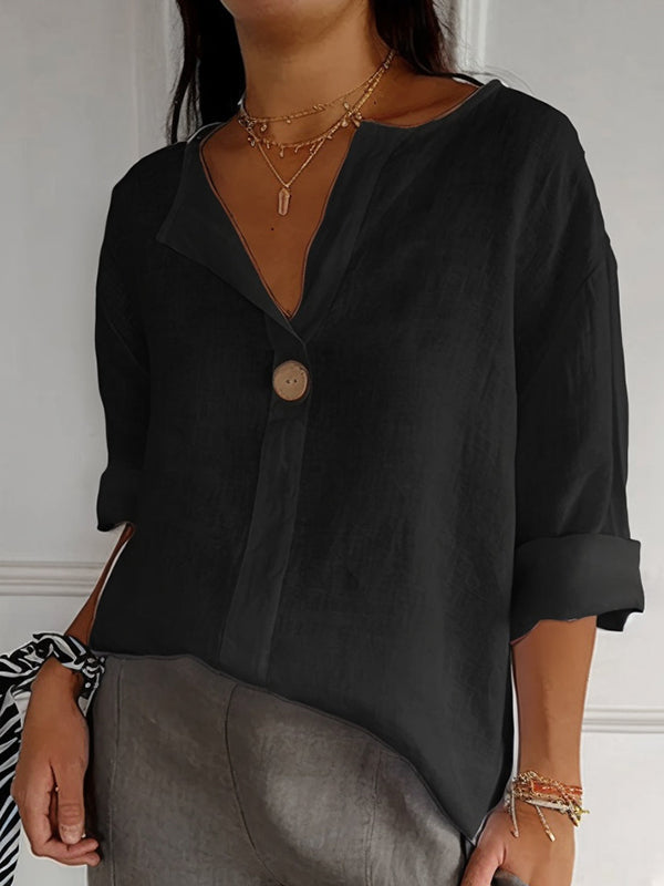 New V-neck Cotton and Linen Button Top
