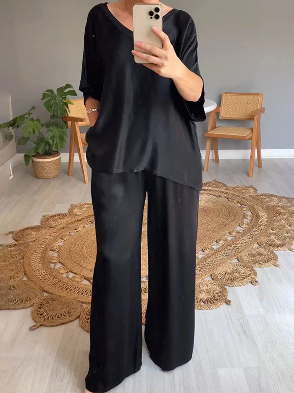 Fashionable Satin V-Neck Casual Ladies Two-Piece Suit
