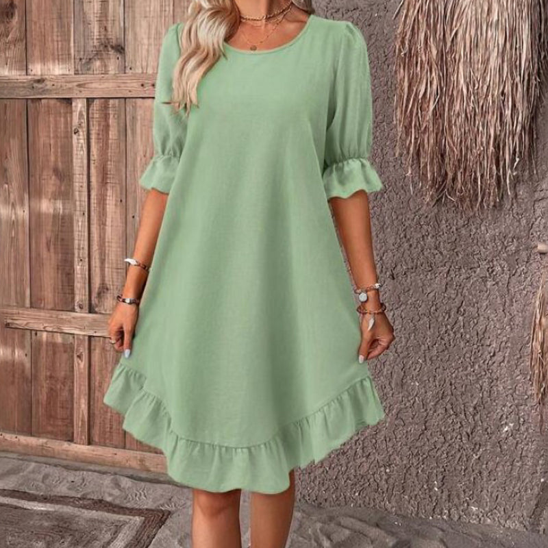 Elegant Round Neck Solid Color Dress