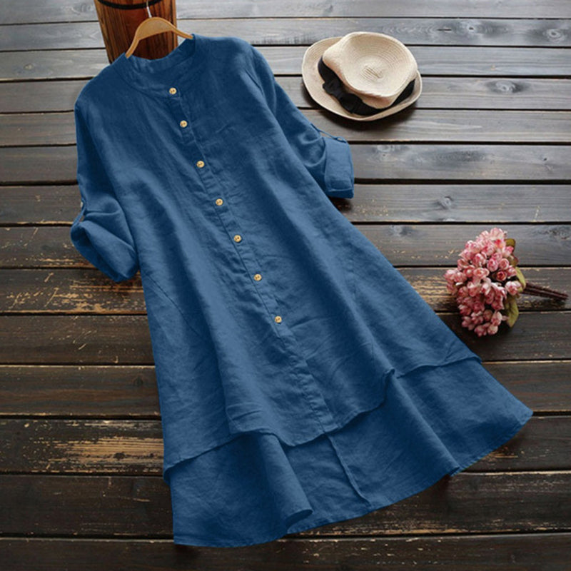 Retro Solid Color Button Long Sleeve Dress