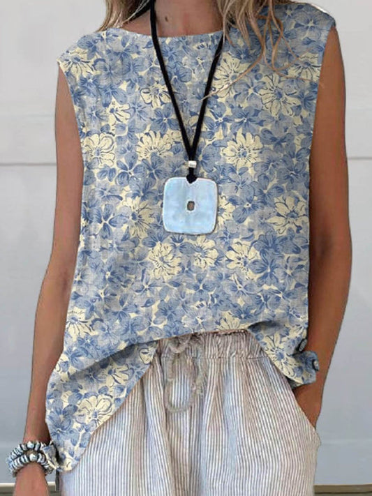 Beautiful Blue Floral Print Women's Linen and Cotton Top