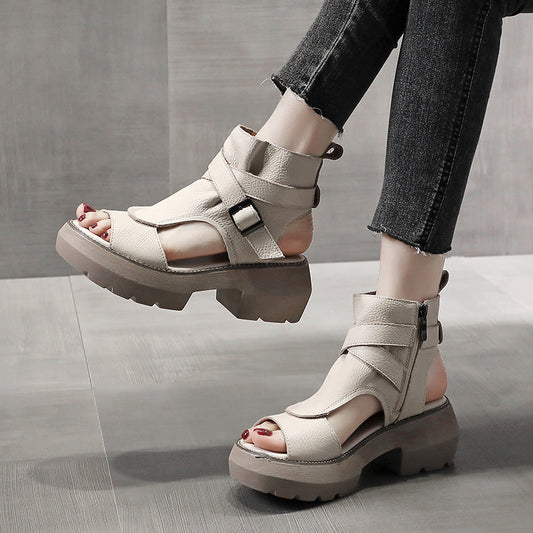 Vintage Soft Leather Waterproof Zipper Thick-Soled Women'S Shoes