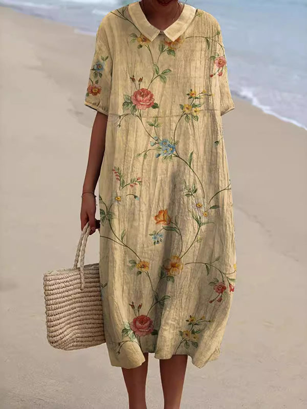 Retro Floral Art Print Casual Linen Cotton Women's Top And Dress