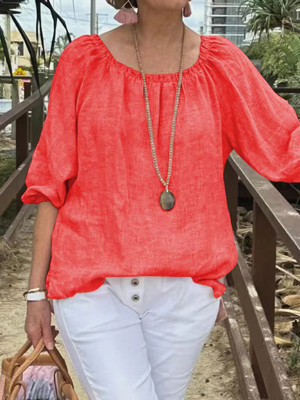 New Solid Color Round Neck Mid-Sleeve Casual Top