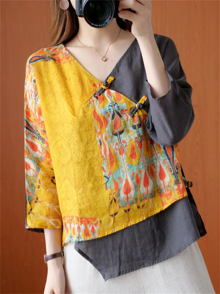 V Neck Irregular Retro Patchwork Linen Shirts for Women