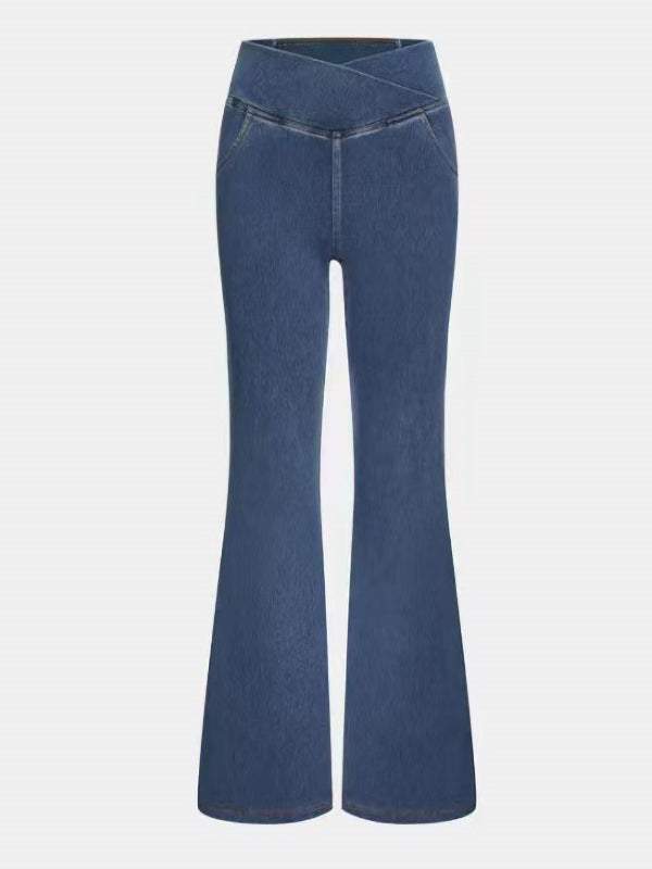Stretchy Denim High Waisted Crossover Flare Pants
