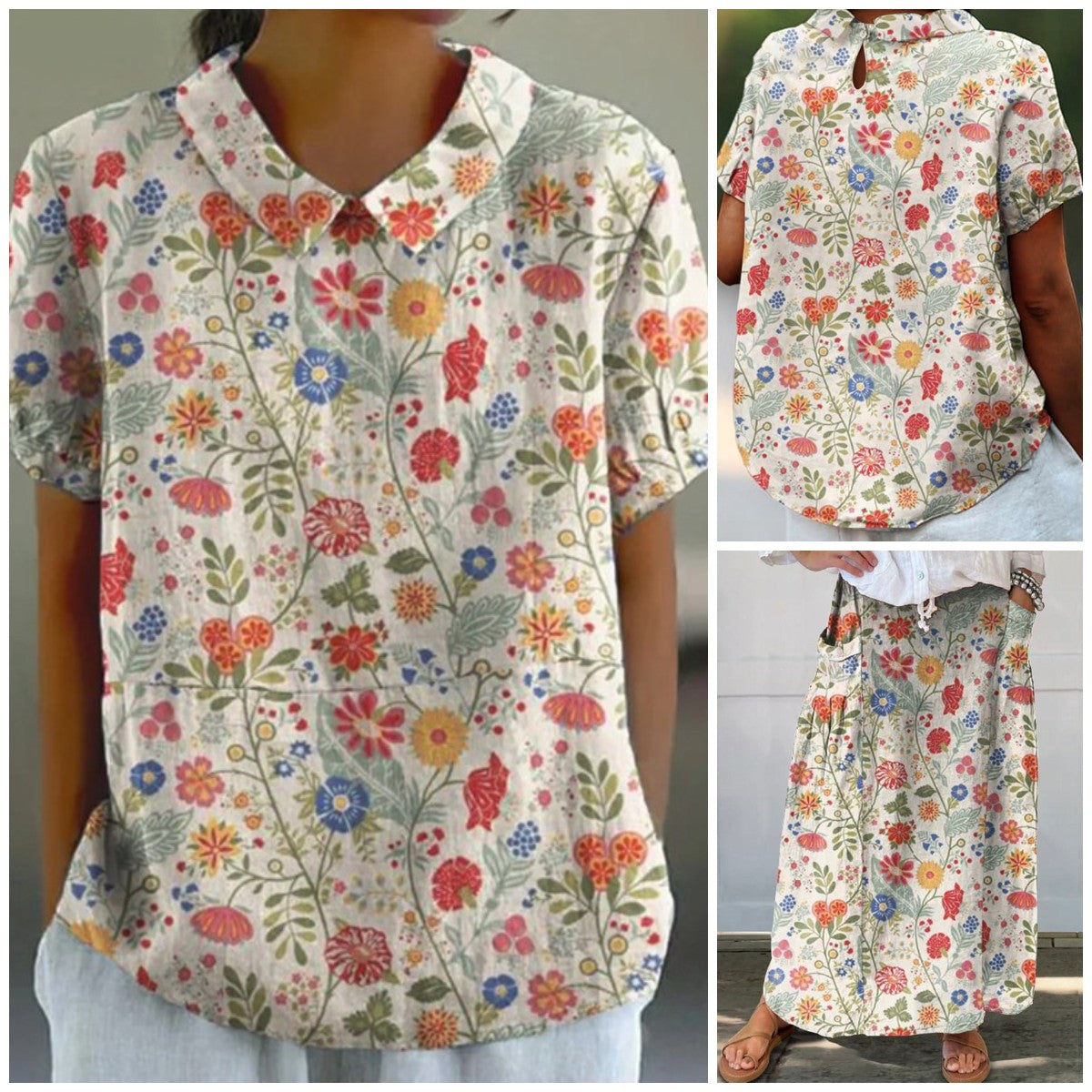 Pastoral Floral Art Print Casual Linen Cotton Women's Top And Skirt