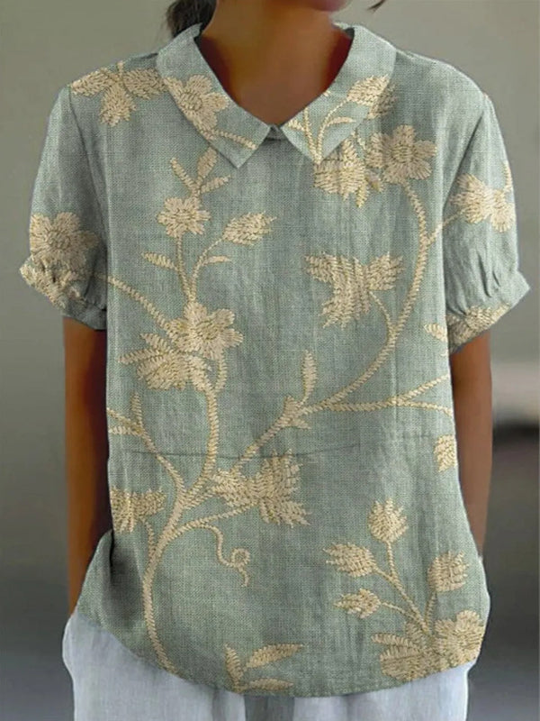 Retro Floral Art Linen Elastic Waistband Pocket Women's Top And Dress