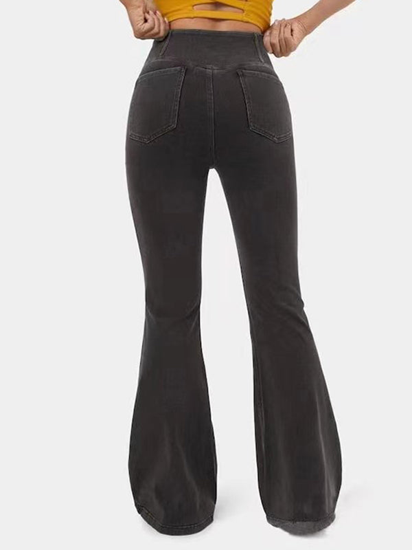 Stretchy Denim High Waisted Crossover Flare Pants
