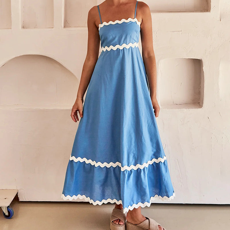Solid Color Lace Stitching Elegant Suspender Dress
