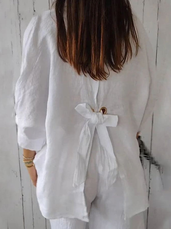 New Cotton & Linen Casual Tie-Back Women's Top