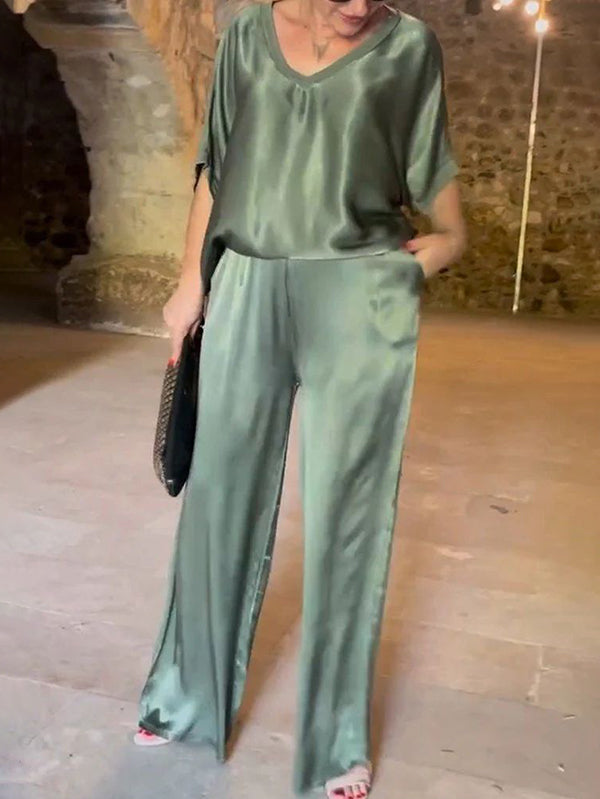Fashionable Satin V-Neck Casual Ladies Two-Piece Suit