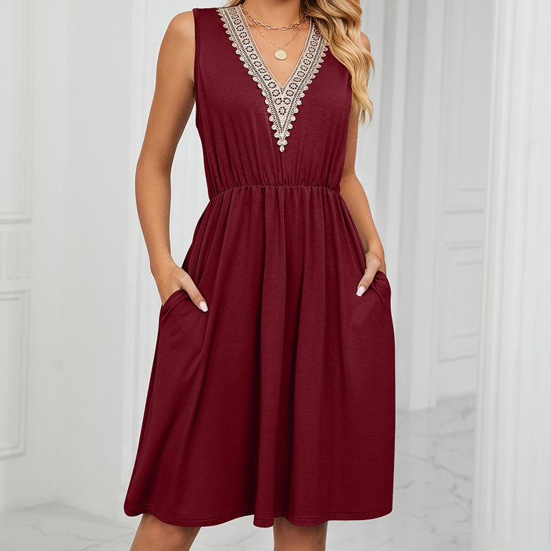 Solid Color V-Neck Lace Pocket Dress