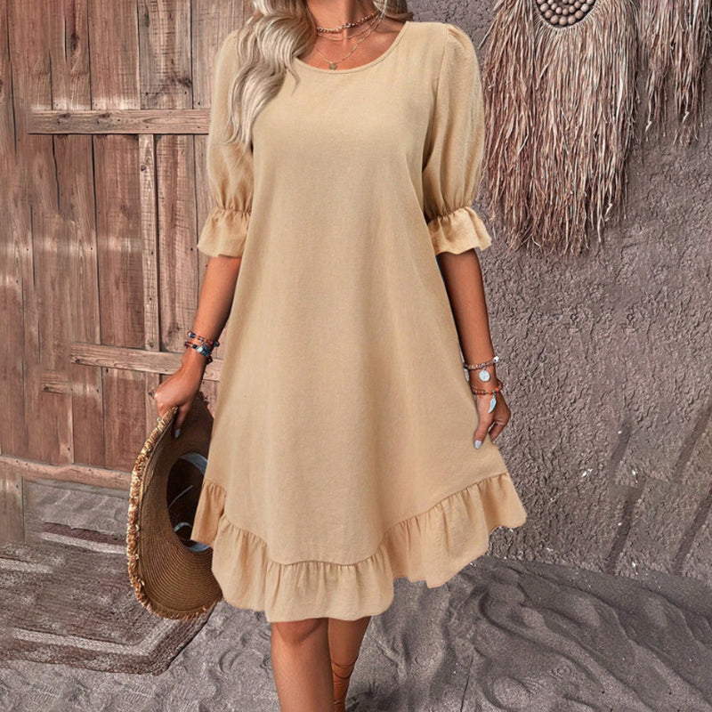 Elegant Round Neck Solid Color Dress