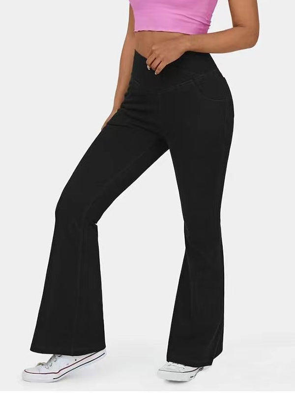 Stretchy Denim High Waisted Crossover Flare Pants