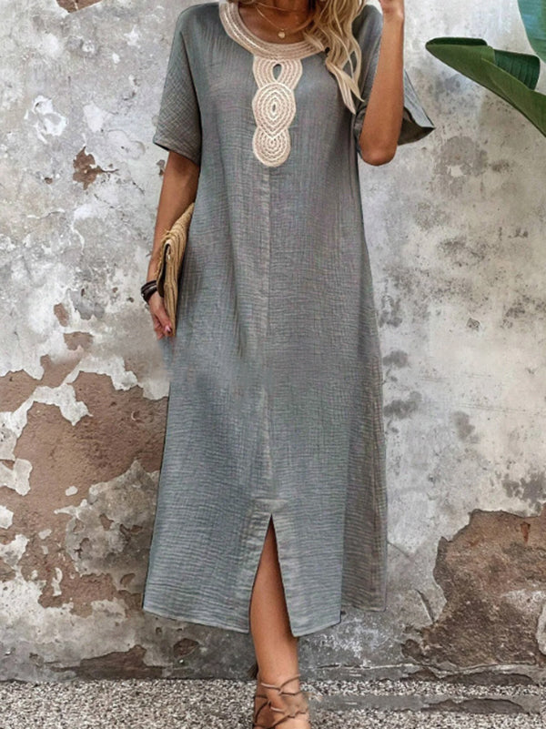 Ruffled Slit Lace Collar Cotton Women's Dress