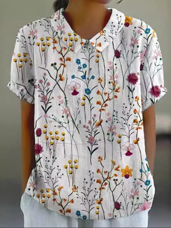 Assorted Floral Lapel Women's Cotton and Linen Top