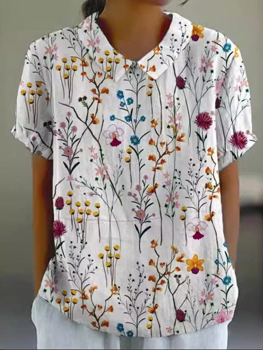 Assorted Floral Lapel Women's Cotton and Linen Top