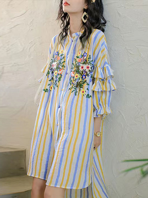 New Embroidered Striped Comfortable Dress