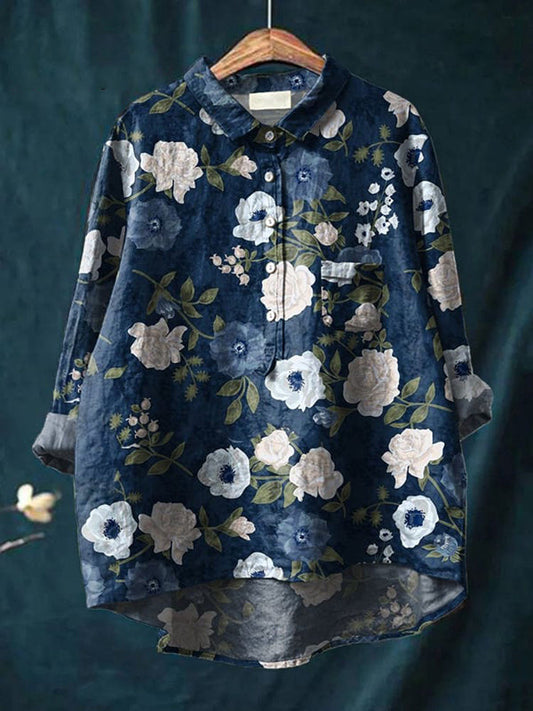 Women's Floral Art Print Casual Linen Cotton Top And Dress