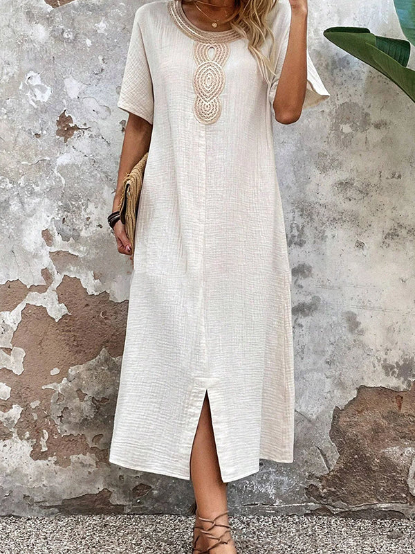 Ruffled Slit Lace Collar Cotton Women's Dress