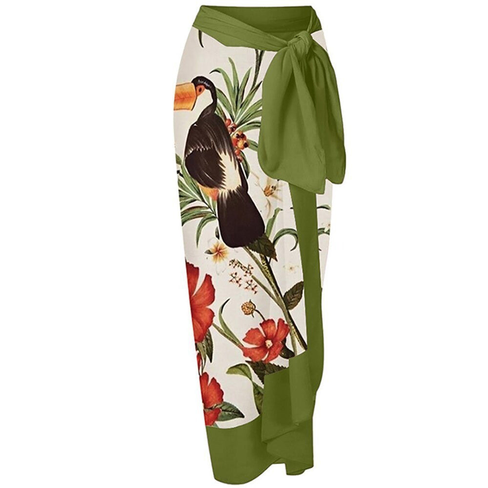 Print One Piece Swimsuit and Splicing Sarong