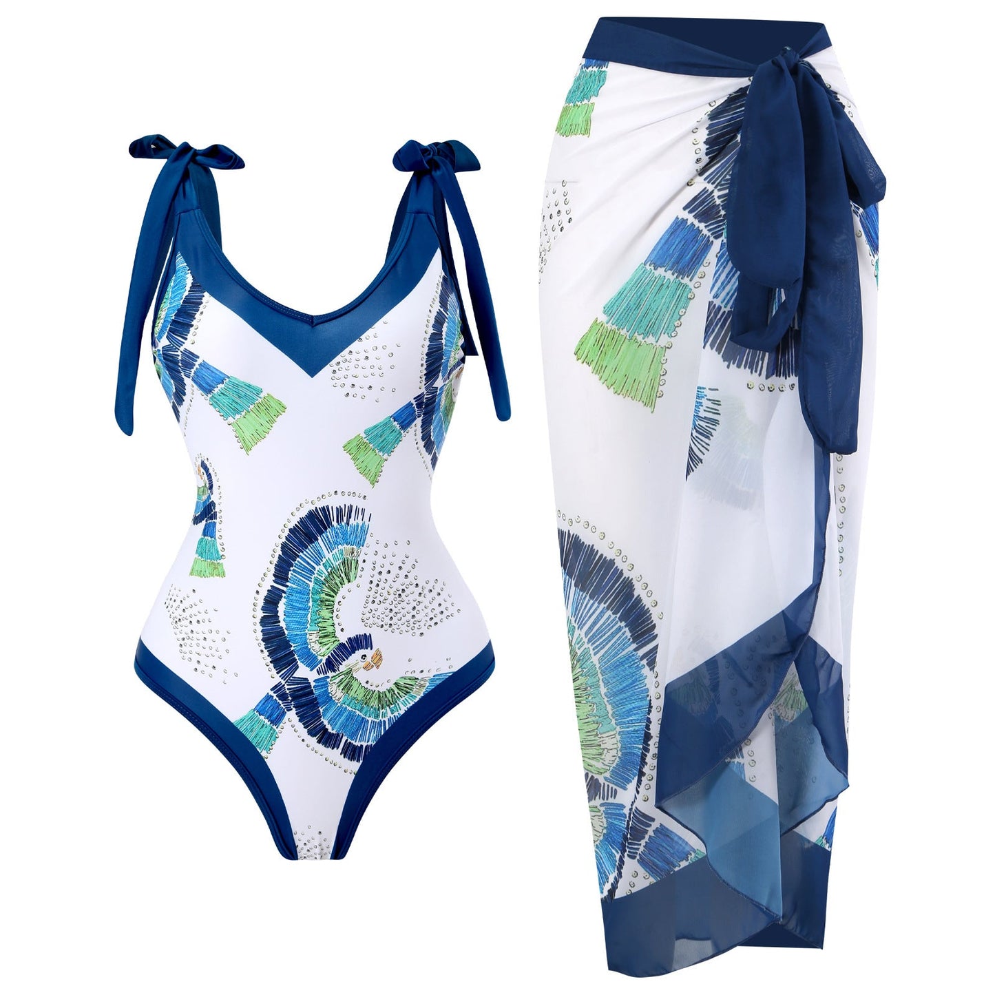 Print One Piece Swimsuit and Splicing Sarong