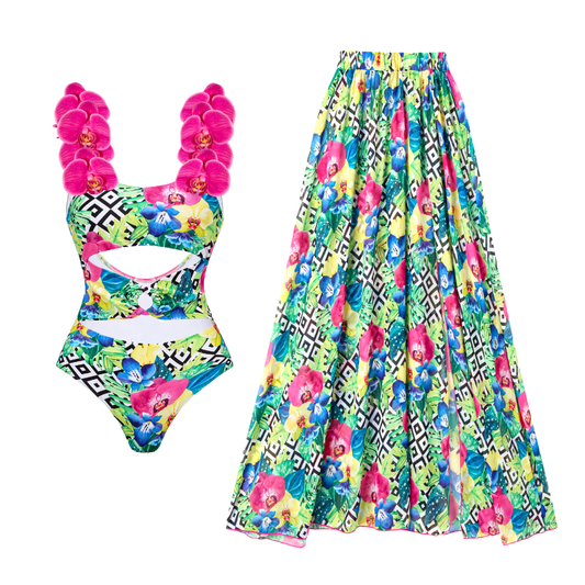 3D orchid Print One Piece Swimsuit and Sarong