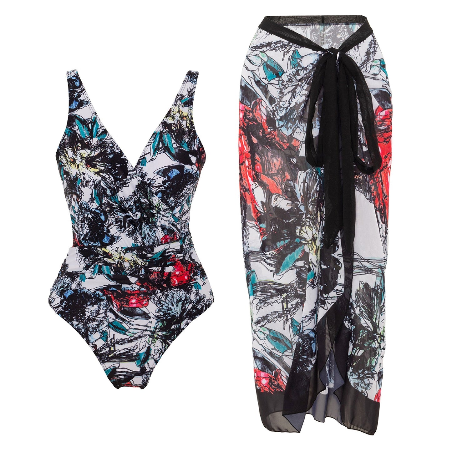 Print One Piece Swimsuit and Splicing Sarong