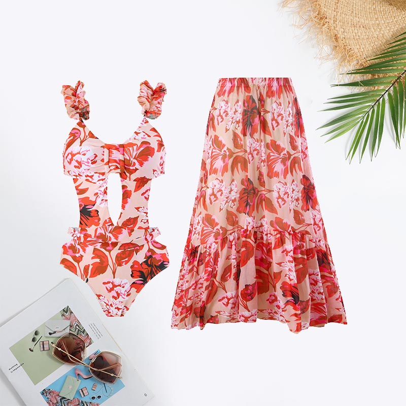 Floral Print Cut Out Ruffle Hem Swimsuit