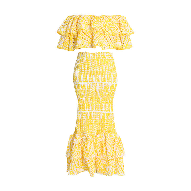 Double Ruffle Embroidery Hollow Out Two Piece Set